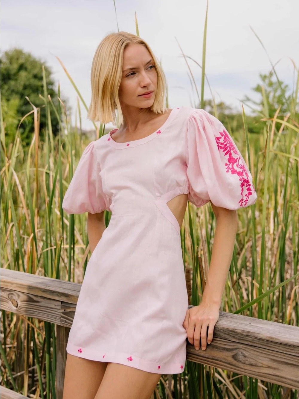 Fanm Mon Pink Puff-Sleeve Cutout Mini Dress with Floral Embroidery